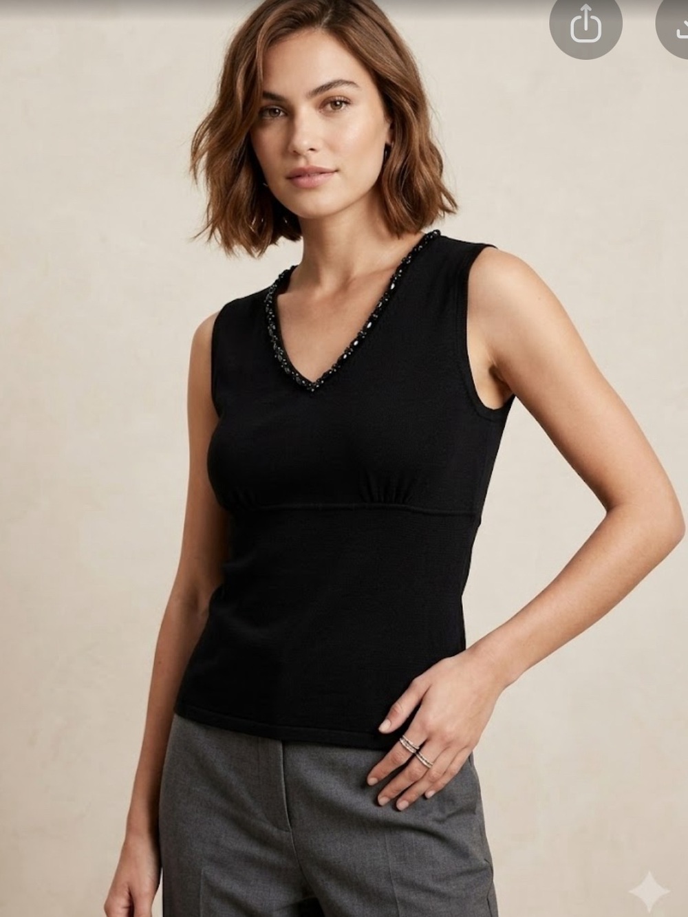 Black Beaded V-Neck Sleeveless Tank Top